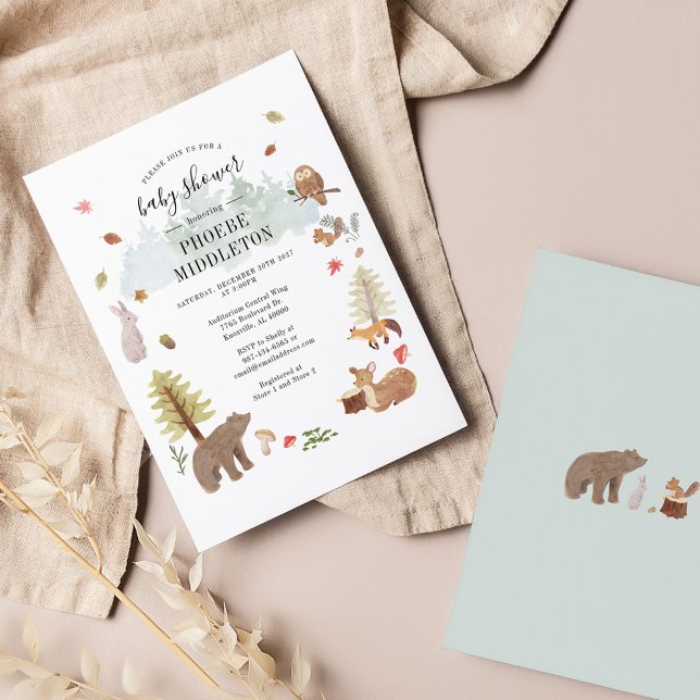 Inbjudan till budgeterade babyskor för träddjur (Woodland Animals Watercolor Fall Autumn Baby Shower Invitation)