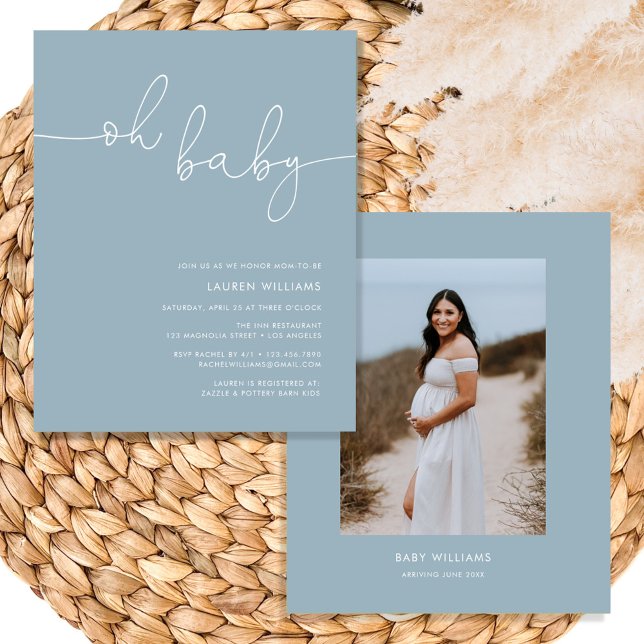 Inbjudan till budgeterat blått foto-babyprogram (dusty blue baby shower invite)