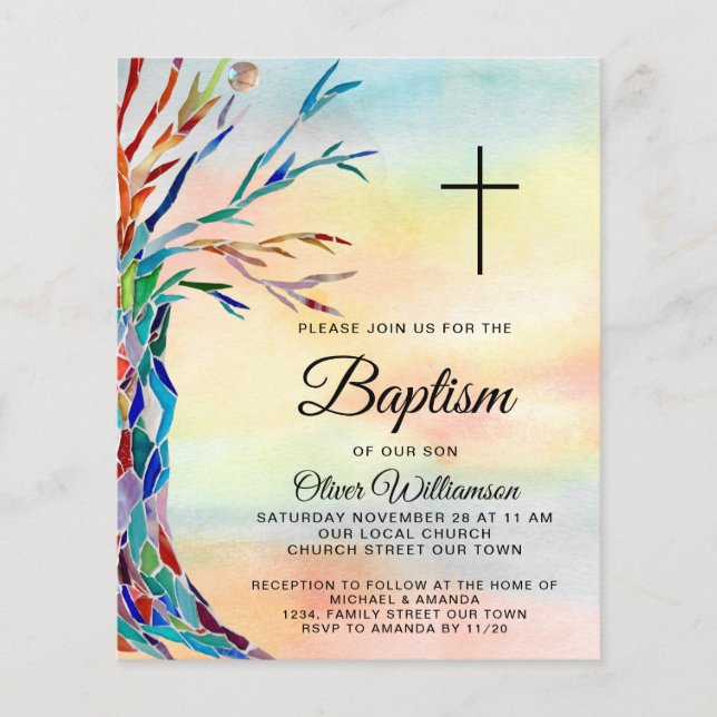 Inbjudan till budgetfamiljen Träd Baptism-julstämn (Framsida)