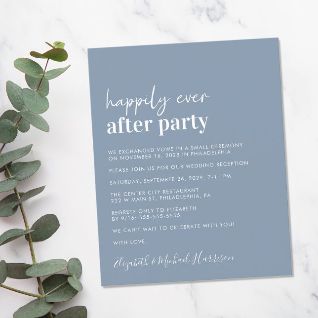 Inbjudan till budgetnostiskt blått bröllop (A chic and affordable Happily Ever After Party invitation)