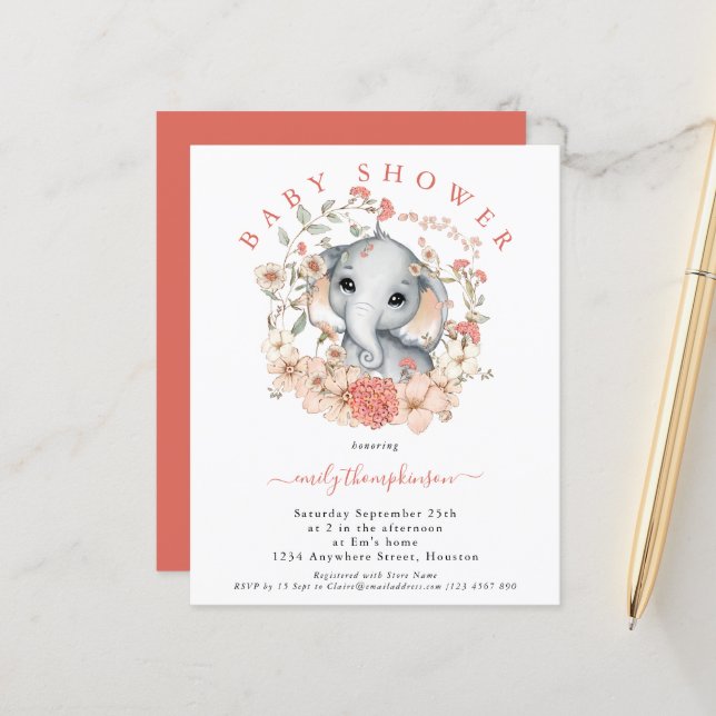 Inbjudan till budgetpost Elephant Coral Baby Showe (Fram/Back In Situ)