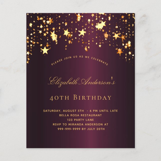 Inbjudan till budgetpost födelsedagsfest burgundy  (Framsida)