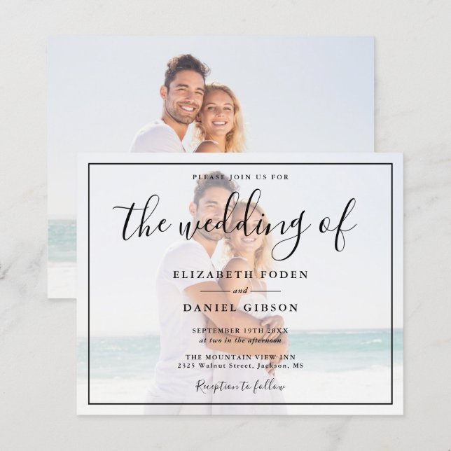 Inbjudan till budgetvita och svarta fotobröllop (Fram/baksida)