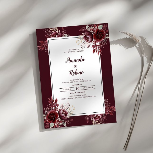 Inbjudan till Burgundy Blommigt Elegant bröllop (Skapare uppladdad)