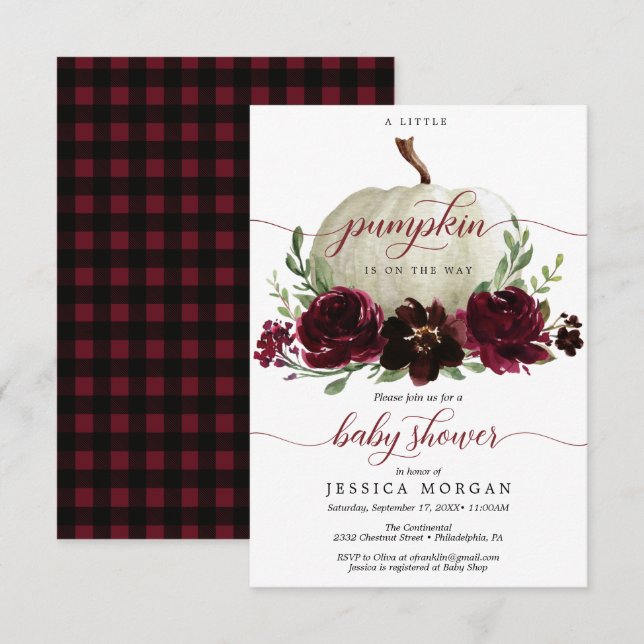 Inbjudan till Burgundy Little Pumpkin Baby Shower (Fram/baksida)