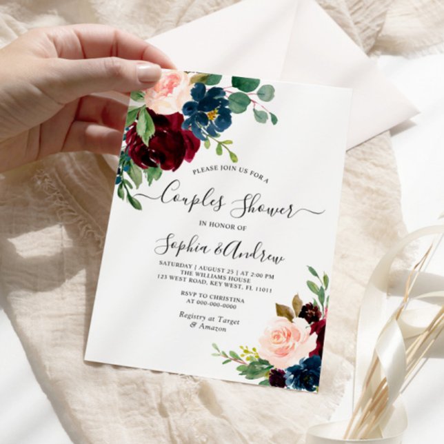 Inbjudan till Burgundy & Navy Blommigt Par Shower (Skapare uppladdad)