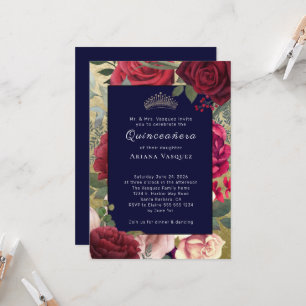 Inbjudan till Burgundy Navy Blue Blommigt Quinceañ