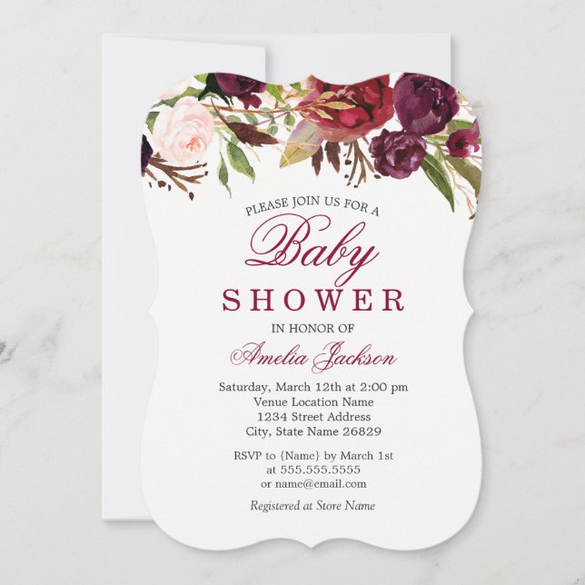Inbjudan till Burgundy Red Blommigt Baby Shower (Framsida)