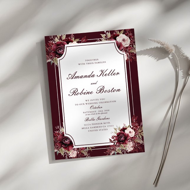 Inbjudan till Burgundy Ro Blommigt Elegant bröllop (Skapare uppladdad)