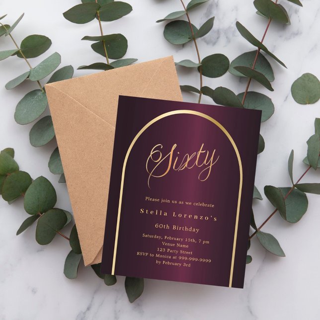 Inbjudan till burgundy-skript i guld på 60 år (Skapare uppladdad)