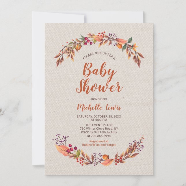 Inbjudan till Burlap Blommigt Fall Boy Baby Shower (Framsida)