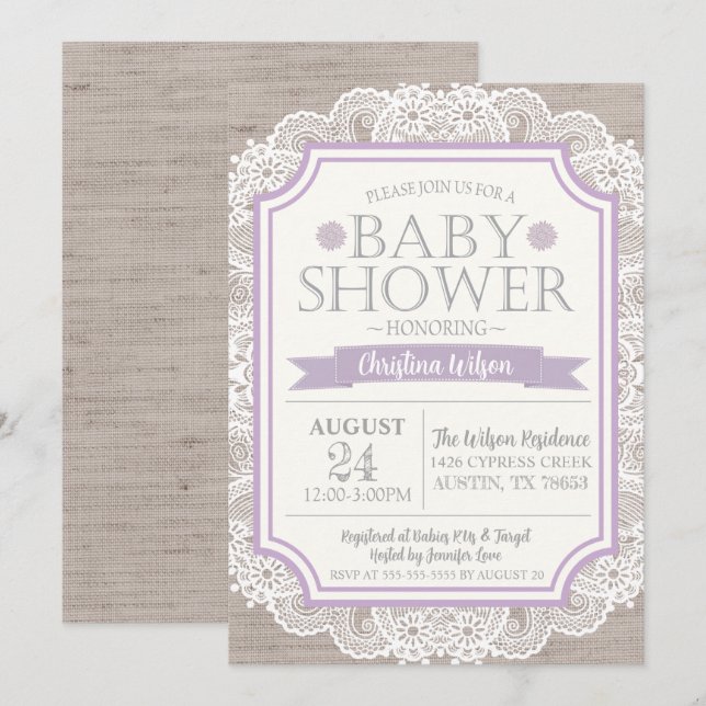 Inbjudan till Burlap Lila & Snöre Baby Shower (Fram/baksida)
