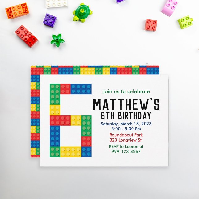 Inbjudan till byggblocksfest för 6-årsfest (6th Birthday Building Block Invitation)
