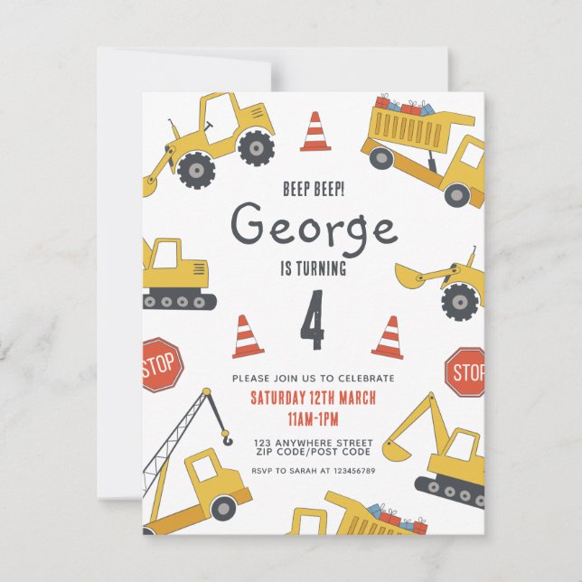 Inbjudan till byggfordon födelsedagsfest (Framsida)