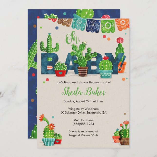 Inbjudan till Cactus Baby Shower| Cactus tema (Fram/baksida)