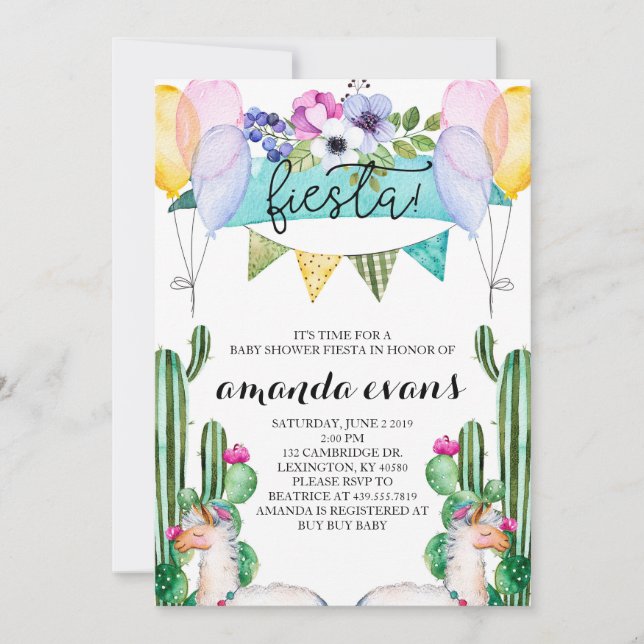 Inbjudan till Cactus och Llama Baby Shower Fiesta (Framsida)