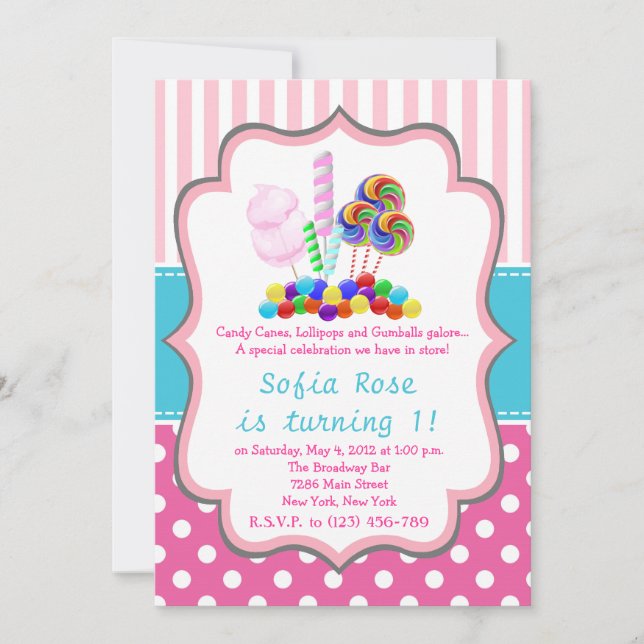 Inbjudan till Candyland Candy Första födelsedag (Framsida)