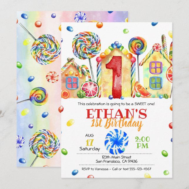 Inbjudan till Candyland Candy till Candy Theme -1s (Fram/baksida)