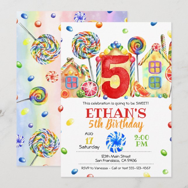 Inbjudan till Candyland Candy till Candy Theme - f (Fram/baksida)