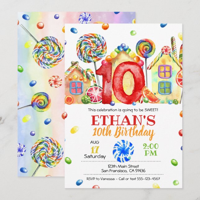 Inbjudan till Candyland Candy till Candy Theme - t (Fram/baksida)