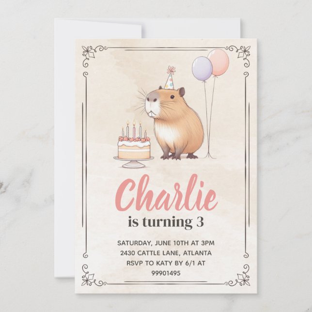 Inbjudan till Capybara Birthday (Framsida)