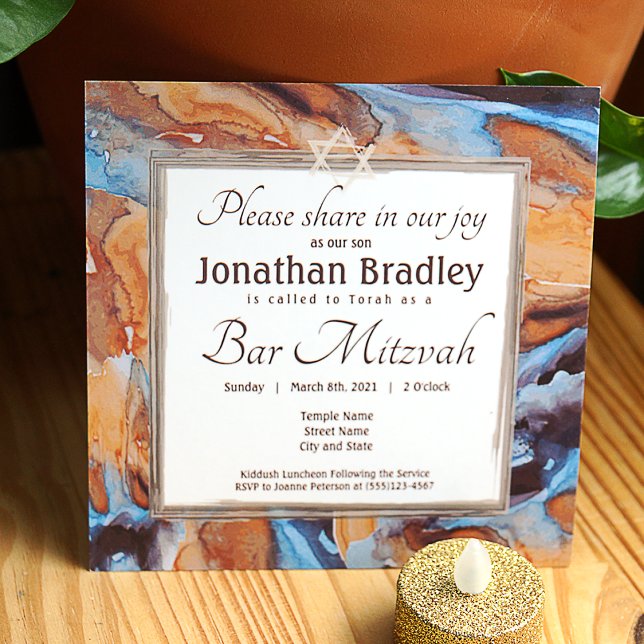 Inbjudan till Caramel och Blue Marble Pub Mitzvah (brown, blue, eggplant purple bar mitzvah color theme invitations)