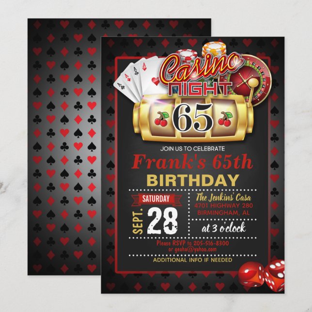 Inbjudan till Casino 65e på födelsedagen (Fram/baksida)