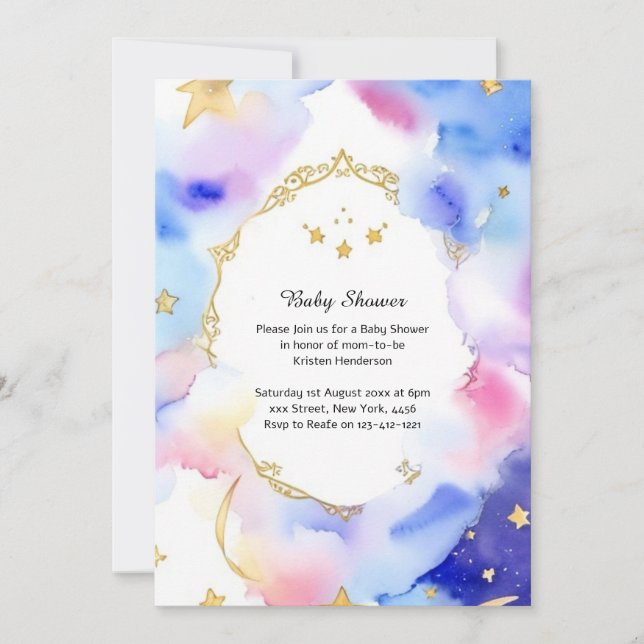 Inbjudan till Celestial Watercolor Baby Shower (Framsida)
