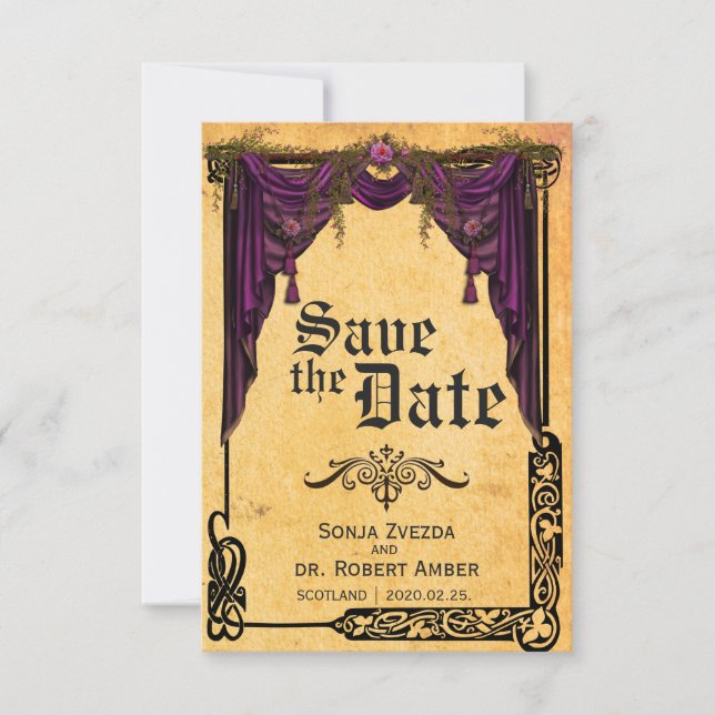 Inbjudan till Celtic Curtain Bröllop spara datum (Framsida)