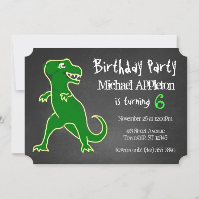 Inbjudan till Chalkboard T-Rex Dinosaur Birthday (Framsida)