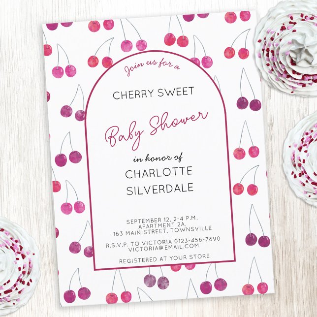 Inbjudan till Cherry Baby Shower (Watercolor cherry sweet personalized custom text baby shower invitation)