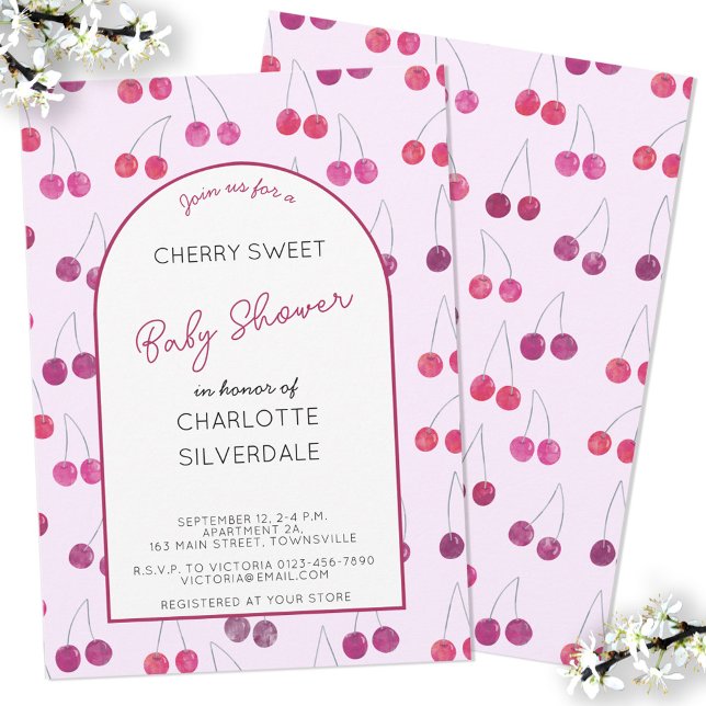 Inbjudan till Cherry Baby Shower (Personalize custom text cherry watercolor baby shower invitations)
