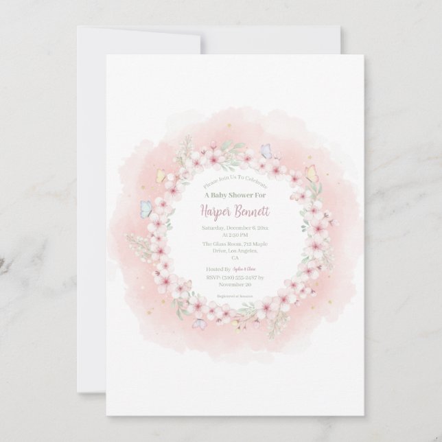 Inbjudan till Cherry Blommar Butterfly Baby Shower (Framsida)
