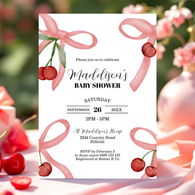 Inbjudan till Cherry Coquette Bows Baby Shower (Cherry Baby Shower Invitation. Coquette Baby Shower Invitation Cherries and Bows Baby Shower Invite)