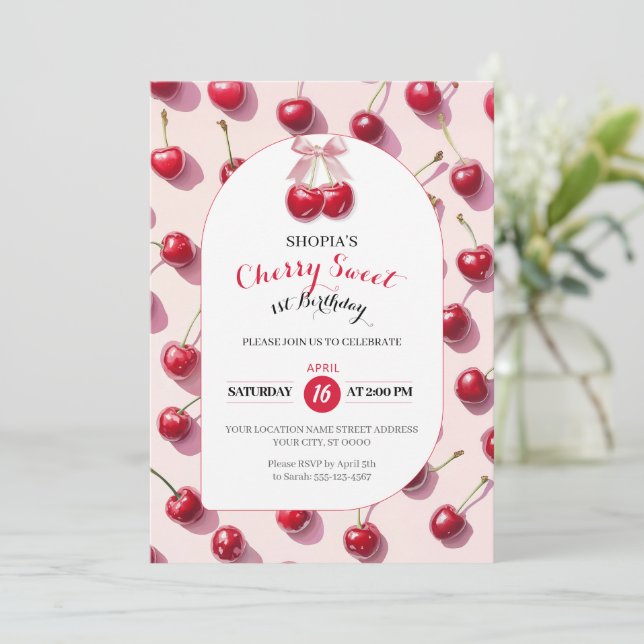 Inbjudan till Cherry Sweet 1:a födelsedagen (Stående Fram)