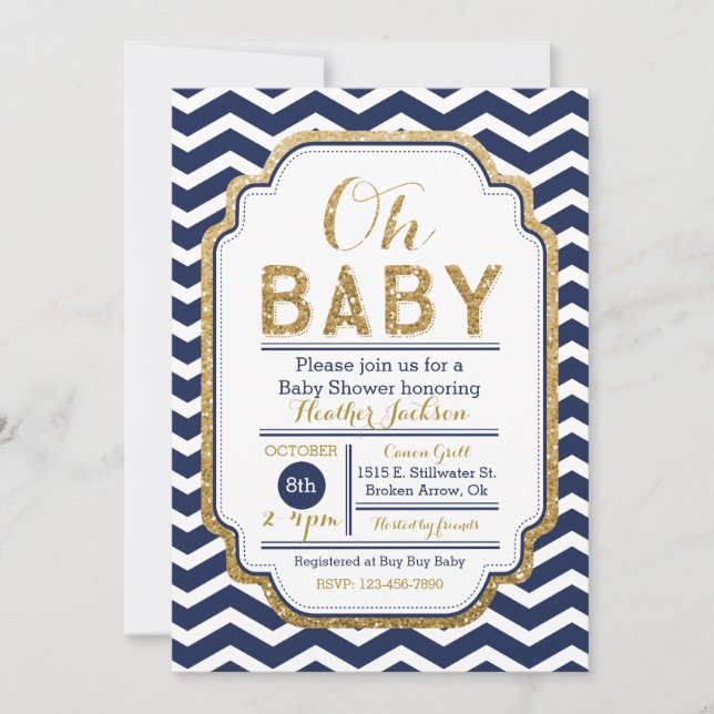 Inbjudan till Chevron Navy and Guld Baby Shower (Framsida)