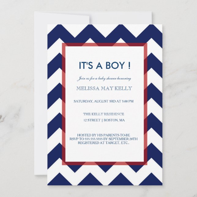 Inbjudan till Chevron Navy & Red Nautical Baby Sho (Framsida)