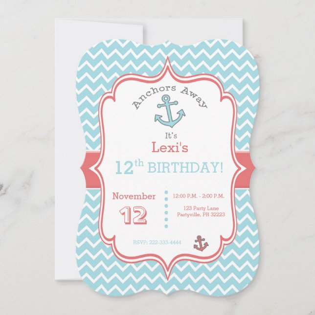 Inbjudan till Chevron-utskrift Anchor-födelserbjud (Framsida)