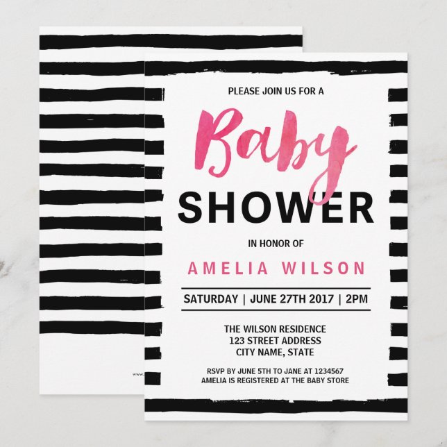 Inbjudan till chic Black & White Rand Baby Shower (Fram/baksida)