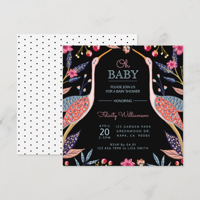 Inbjudan till chic Blommigt Botanical Stork Baby S (Fram/baksida)