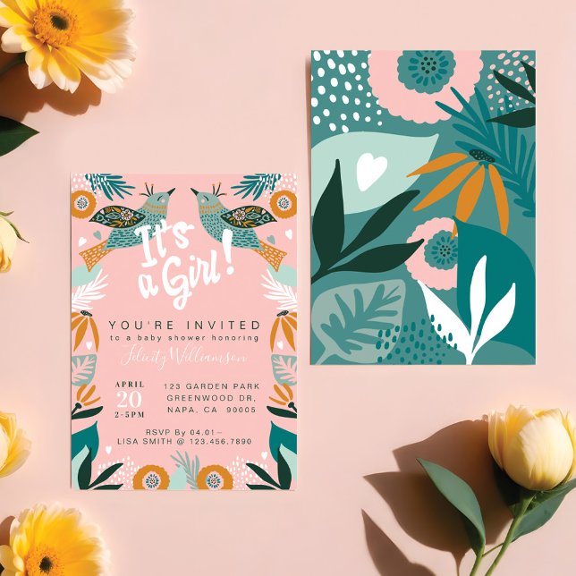 Inbjudan till chic Blommigt Botaniskt fågelbabysko (Chic Floral Botanical Bird Baby Shower Invitation)