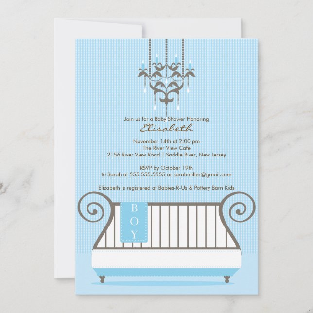Inbjudan till Chic Blue Baby Crib Boy Baby Shower (Framsida)