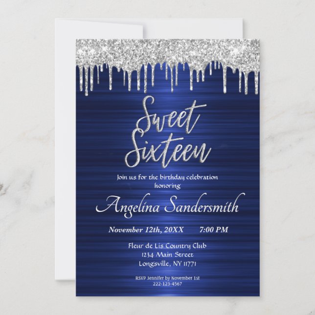 Inbjudan till chic Blue Sweet 16 Silver Glitter-dr (Framsida)