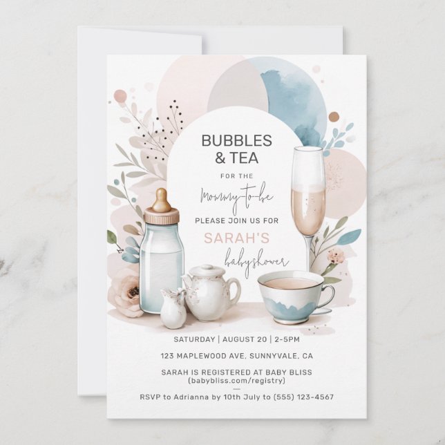 Inbjudan till chic Bubbles & Tea Baby Shower (Framsida)