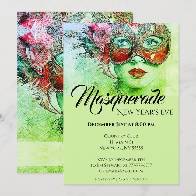 Inbjudan till chic Colorful Masqueraparty (Fram/baksida)