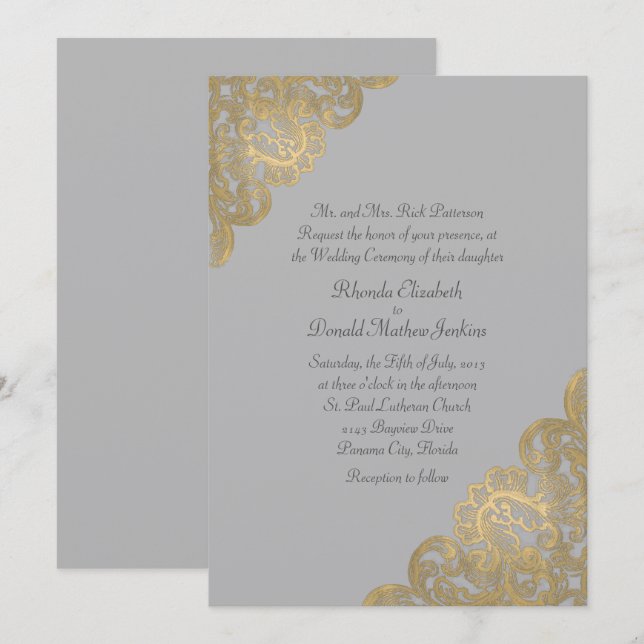 Inbjudan till chic Grått och Guld Felt Wedding (Fram/baksida)