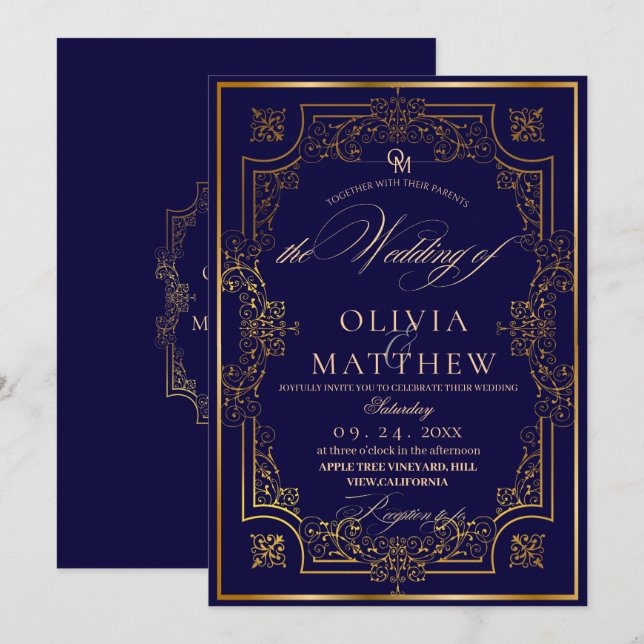 Inbjudan till chic Guld Blue Script Wedding (Fram/baksida)