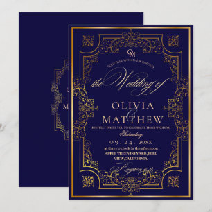 Inbjudan till chic Guld Blue Script Wedding
