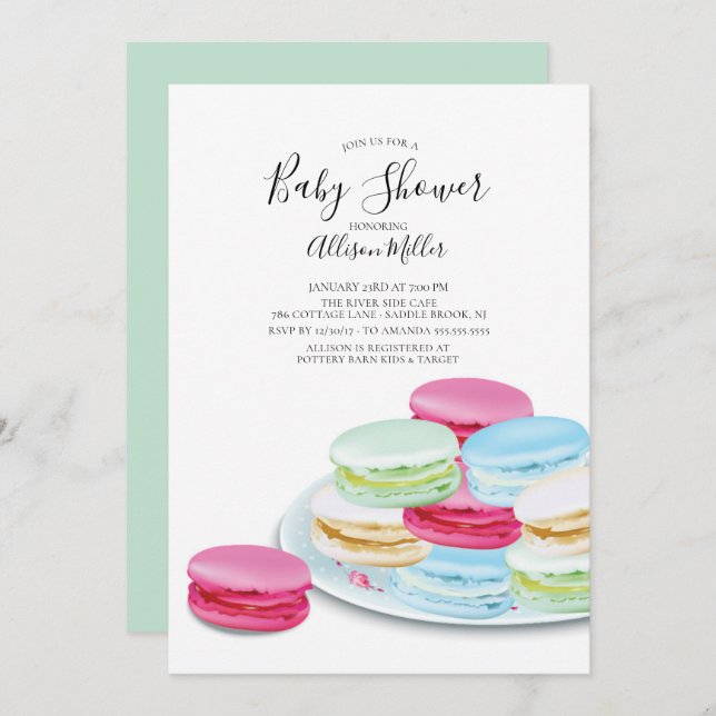 Inbjudan till chic Macaroon Baby Shower (Fram/baksida)