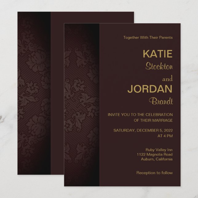 Inbjudan till chic Mahogany Damask Wedding (Fram/baksida)